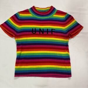 Unif Over the Rainbow Ribbed Logo Streetwear Colorful Mock Neck Crop Top Size XS